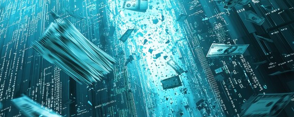 Digital illustration depicting a futuristic financial landscape with floating currency and digital codes in a blue theme