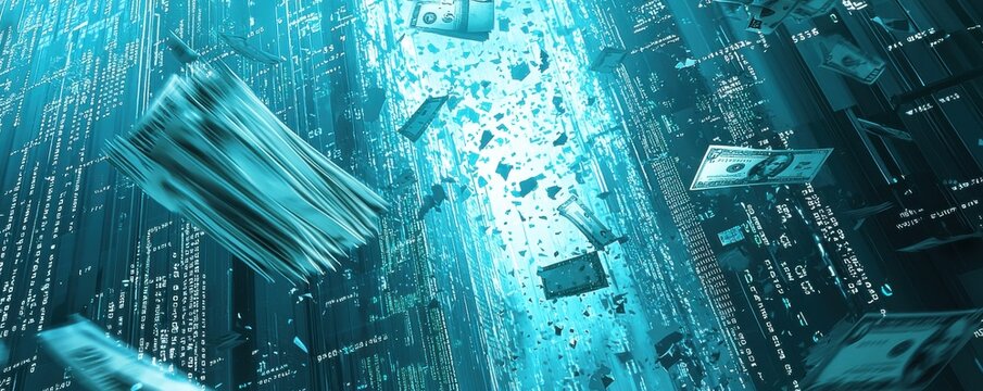 Digital illustration depicting a futuristic financial landscape with floating currency and digital codes in a blue theme