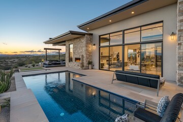 Obraz premium Swimming pool seen against the sky in front of a modern house