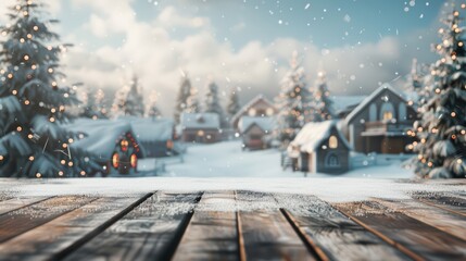 A serene winter village scene, featuring snow-covered houses and twinkling lights, creating a cozy holiday atmosphere.