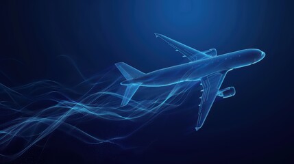 A sleek, futuristic airplane design rendered in glowing blue tones, gliding through a digital sky with flowing light trails.