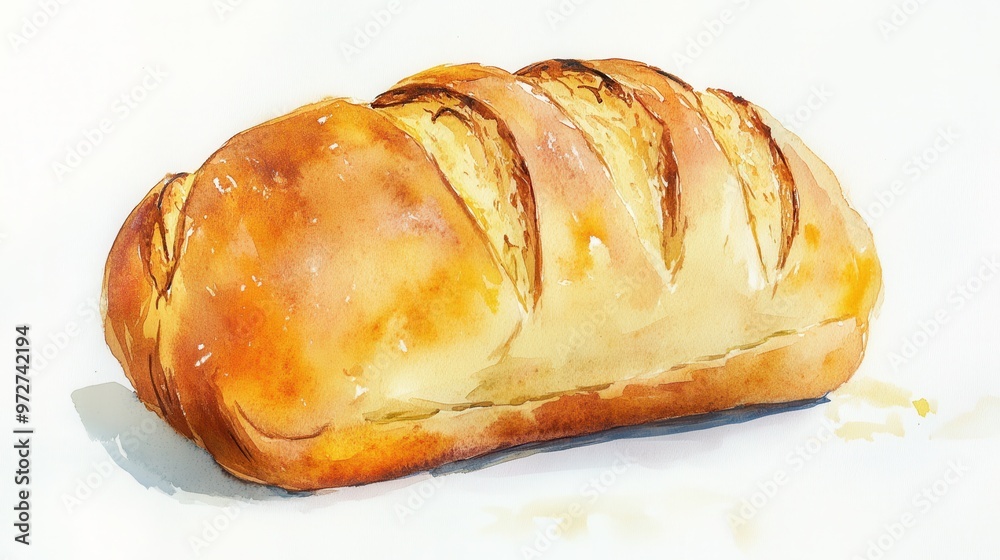 Poster freshly baked brown bread loaf resting on a simple white surface with golden crust and diagonal slas
