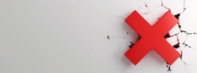 A bold red cross symbol emerges from a cracked white wall, creating a striking contrast and emphasizing a sense of disruption and change in an urban indoor setting
