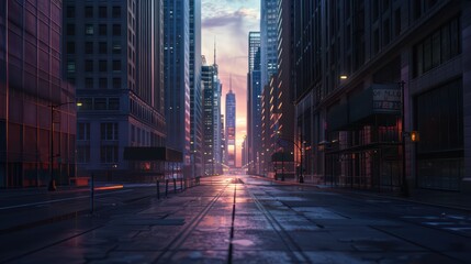 A stunning cityscape at sunset, showcasing skyscrapers and empty streets that evoke a sense of tranquility and urban beauty.