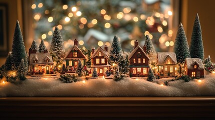 Obraz premium Christmas village setup on a mantle with miniature houses, trees, and snow, all lit up with soft lights. 4K hyperrealistic photo.