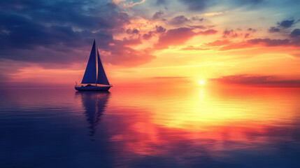 A lone sailboat drifting on a calm sea at sunset, with the horizon glowing and the sky reflecting in the water.