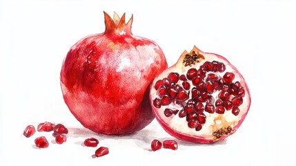 Freshly cut pomegranate with vibrant red seeds on display, showcasing its juicy interior and rich texture in natural light