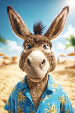 Stock image of an anthropomorphic donkey wearing human clothing. Humanized animal concept. Vertical image.