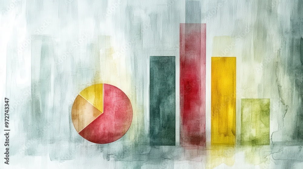 Poster colorful abstract representation of financial data with pie chart and bar graph elements on a faded 
