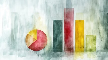 Colorful abstract representation of financial data with pie chart and bar graph elements on a faded background