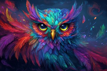 Naklejka premium An owl with magical fantasy feathers, colorful rainbow feathers, Stock Photo