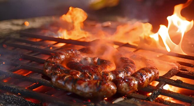 Close-up of a Flame Grilling a Thick Sausage on a Black Grill