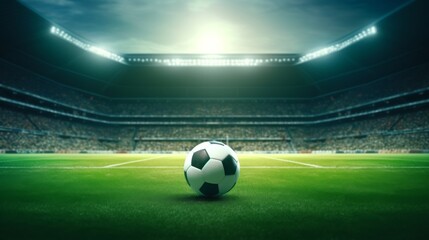 A soccer ball on the grass pitch of an empty stadium under bright lights during twilight before a match