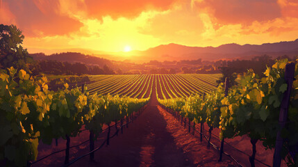 Fototapeta premium A peaceful sunset over a vineyard, with rows of grapevines bathed in golden light and the distant hills glowing softly.