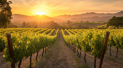 Fototapeta premium A peaceful sunset over a vineyard, with rows of grapevines bathed in golden light and the distant hills glowing softly.