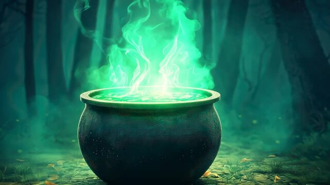 A mystical cauldron emanates green smoke in a dark, enchanting forest