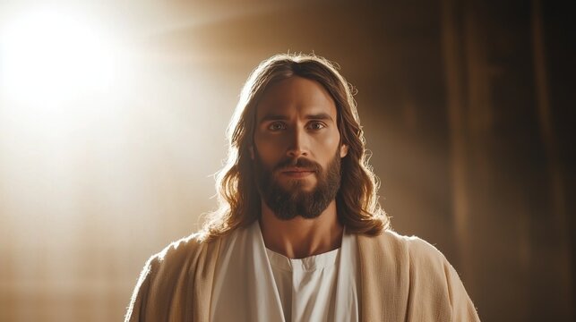 Radiant Jesus Christ with long hair and beard standing in soft, golden light