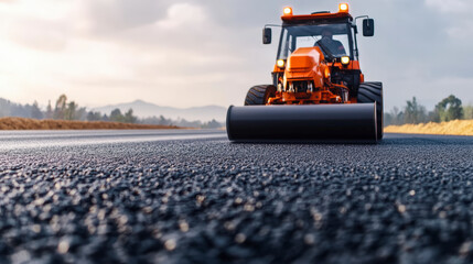 A road roller compacts freshly laid asphalt on a new road, ensuring a smooth, durable surface for future traffic.