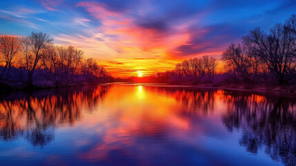 A beautiful sunset over a calm river, with the water reflecting the vibrant colors of the sky and trees lining the riverbank.
