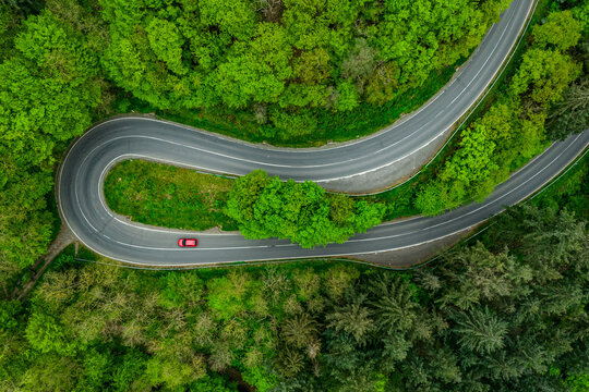 red car driving along the mountain serpentine asphalt road. road through beautiful green forest. seen from the air. Aerial top view landscape. drone photography.