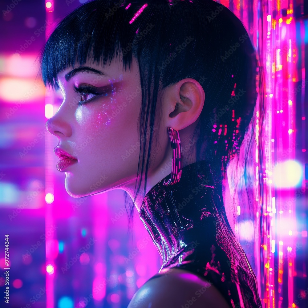 Poster digital way of seeing and virtual reality profile of futuristic female character with cyborg feature