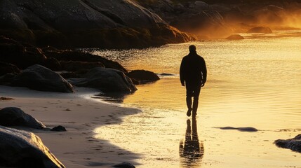 A person walking along the shoreline at sunset, enjoying the tranquil beauty of nature and reflecting on the day's events