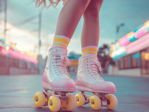 A pair of pink roller skates with yellow wheels on an outdoor street at dusk. Retro fashion and nostalgic vibes with a neon-lit background.