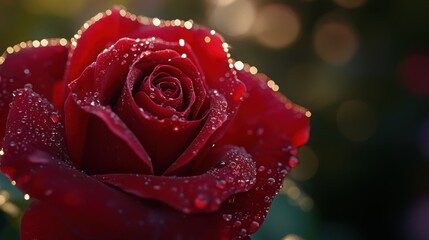 A richly colored red rose, adorned with sparkling dewdrops, symbolizing fresh love.