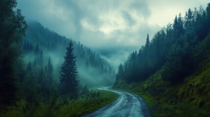 Obraz premium A winding road through a misty forest in early morning light, surrounded by lush trees and gentle hills