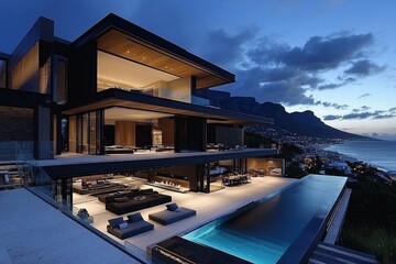 Fototapeta premium A luxurious house with a pool that is illuminated at night