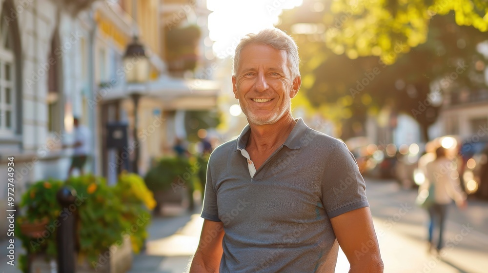 Aufkleber a man is smiling and standing on a sidewalk in front of a building