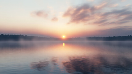 A peaceful sunrise over a calm lake, with the first light of day reflecting in the water and mist rising from the surface.