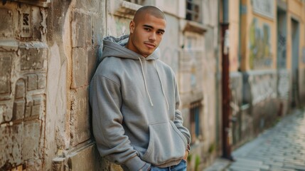 Obraz premium A man wearing a gray hoodie is leaning against a brick wall