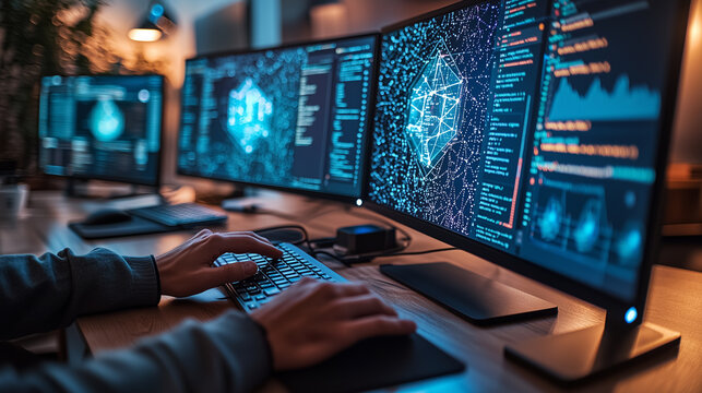 An expert analyzing data on a futuristic, interactive touchscreen interface