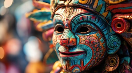 Obraz premium Colorful handcrafted mask depicting traditional art and culture showcased at a vibrant street market in the heart of a bustling city