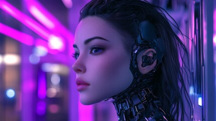 Character with cyborg face and generative AI. Cyborg woman with technology background.