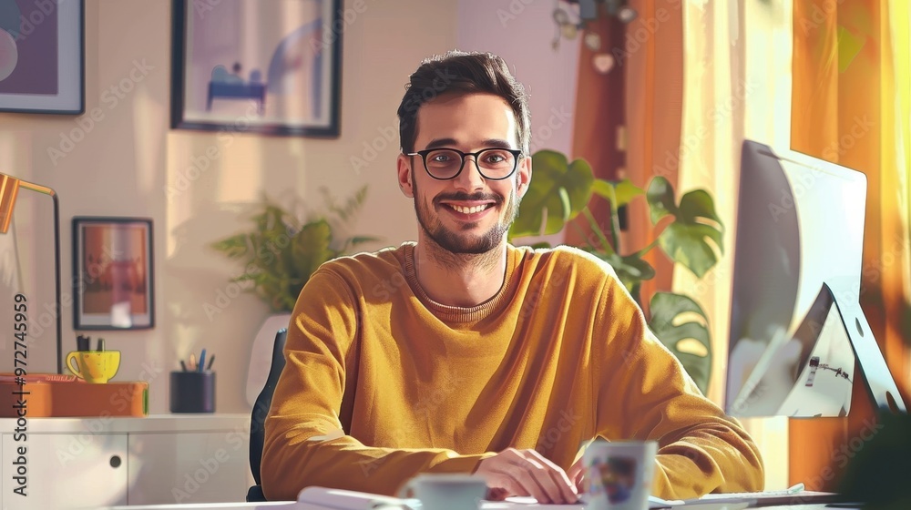 Poster he is smiling and he is happy