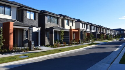 A row of newly built houses in a suburban development, featuring modern designs and