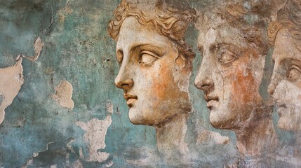 Ancient mural depicting classical faces on a weathered wall in an archaeological site reflecting historical artistry and craftsmanship