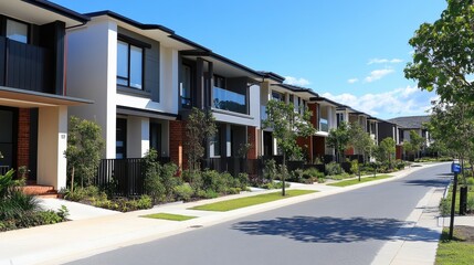 Fototapeta premium A row of newly built houses in a suburban development, featuring modern designs and