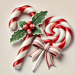 Red and white candy canes decorated with Christmas flowers on a white background, 3d