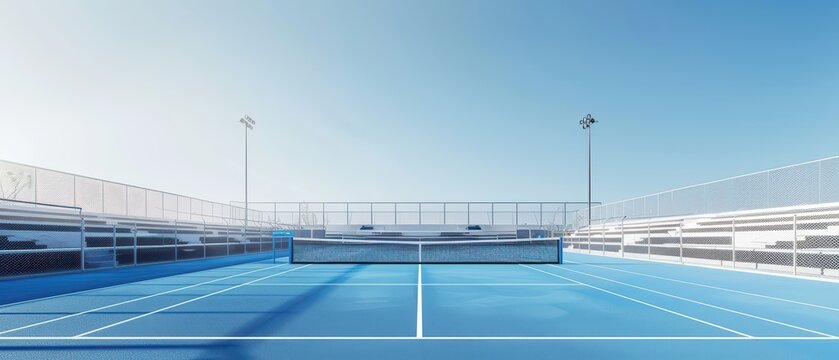 A vibrant tennis court under clear blue skies, featuring a net and empty stands ready for an exciting match.