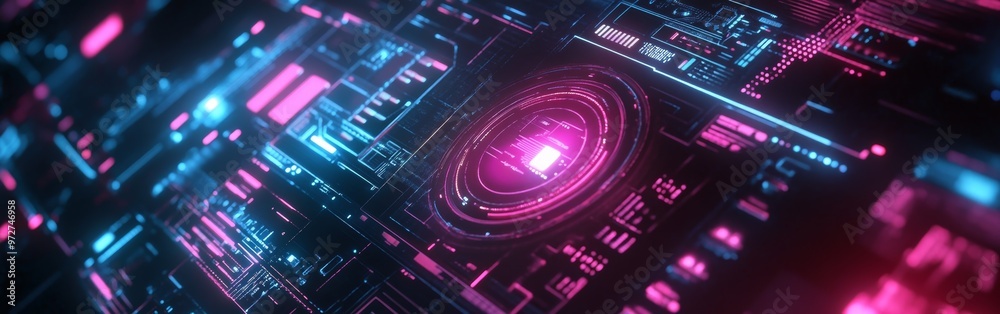 Poster colorful digital circuit board design with glowing elements highlighting technology and innovation i