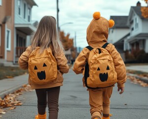 Adorable Kids Dressed in Spooky Halloween Costumes Trick-or-Treating Under the Moonlight, Capturing the Magic of a Fun Family Tradition These Children Are Dressed in Cute and Creative Costumes