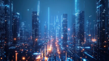 Fototapeta premium A futuristic cityscape illuminated by glowing lights and towering skyscrapers at night, showcasing advanced technology and urban design