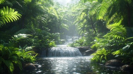 Lush tropical landscape with a serene waterfall and vibrant greenery.