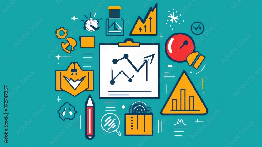 Poster visual representation of data analysis tools and techniques on a vibrant turquoise background