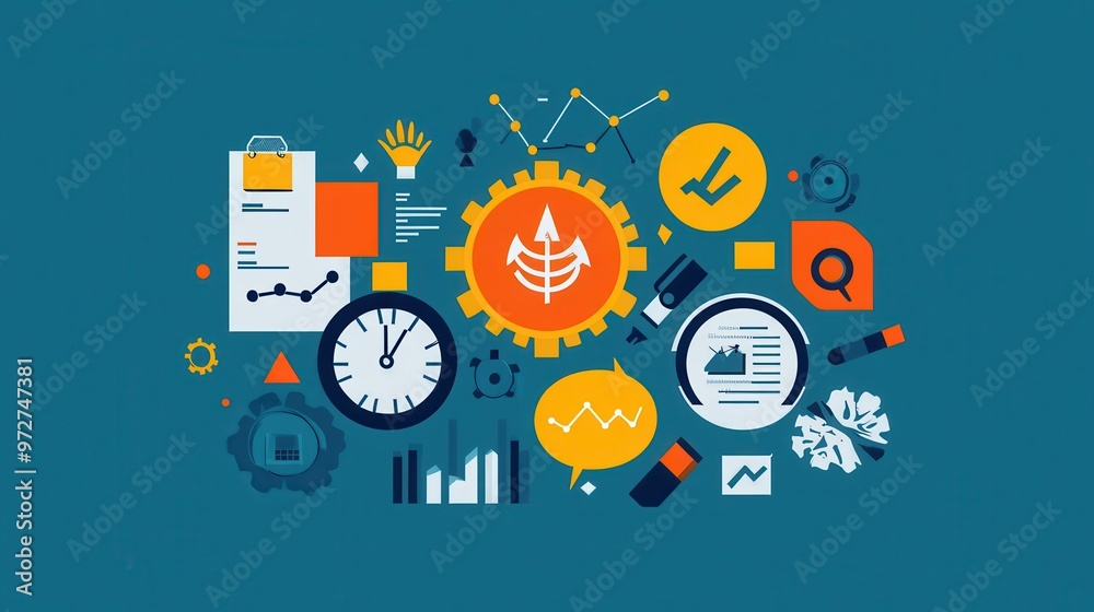 Fototapete visual representation of data analysis concepts with various icons, charts, and graphs on a blue bac