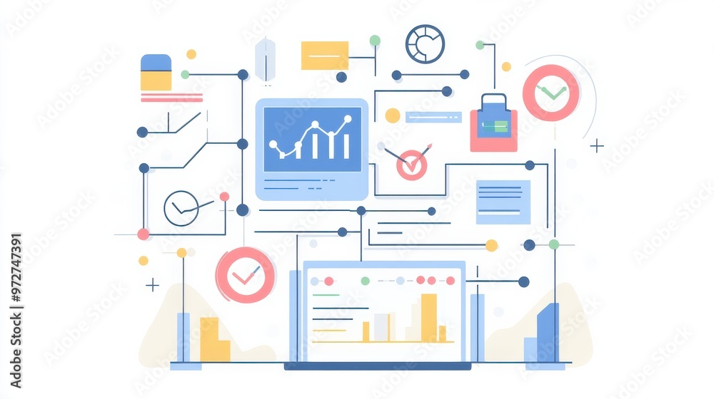 Poster Digital analytics dashboard showcasing data trends with colorful graphs and icons connected by abstract lines