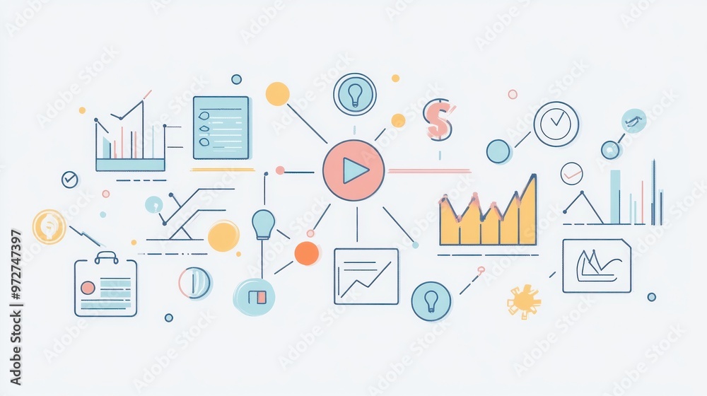 Fototapete Graphics illustrating data analysis concepts with visual elements like charts, graphs, and icons on a light background